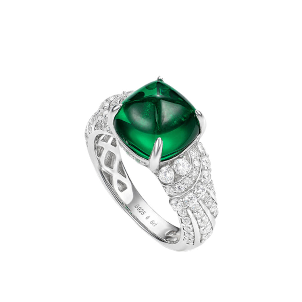 Emerald Cabochon & Pavé Zircon Ring