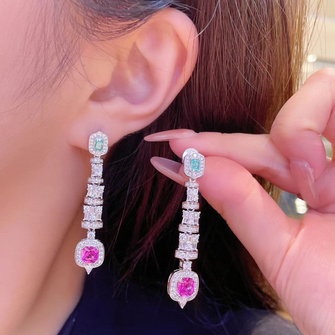 Radiant Pink Sapphire Princess Dangle Earrings