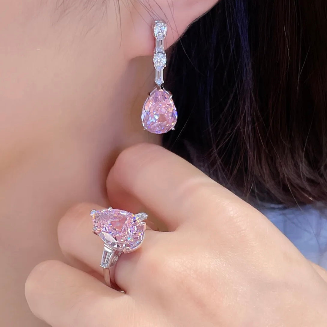 Pear Cut Pink Sapphire Necklace, Ring and Earrings Set
