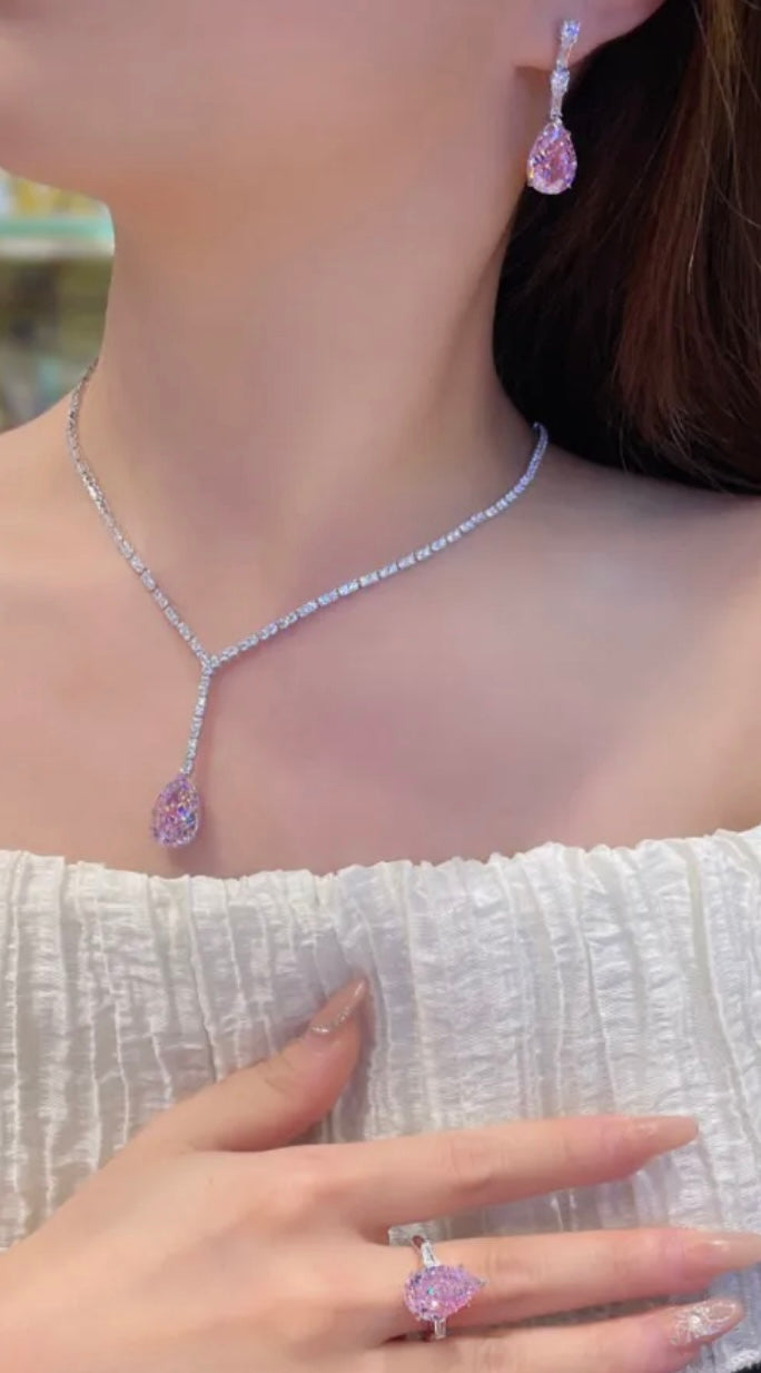 Pear Cut Pink Sapphire Necklace, Ring and Earrings Set