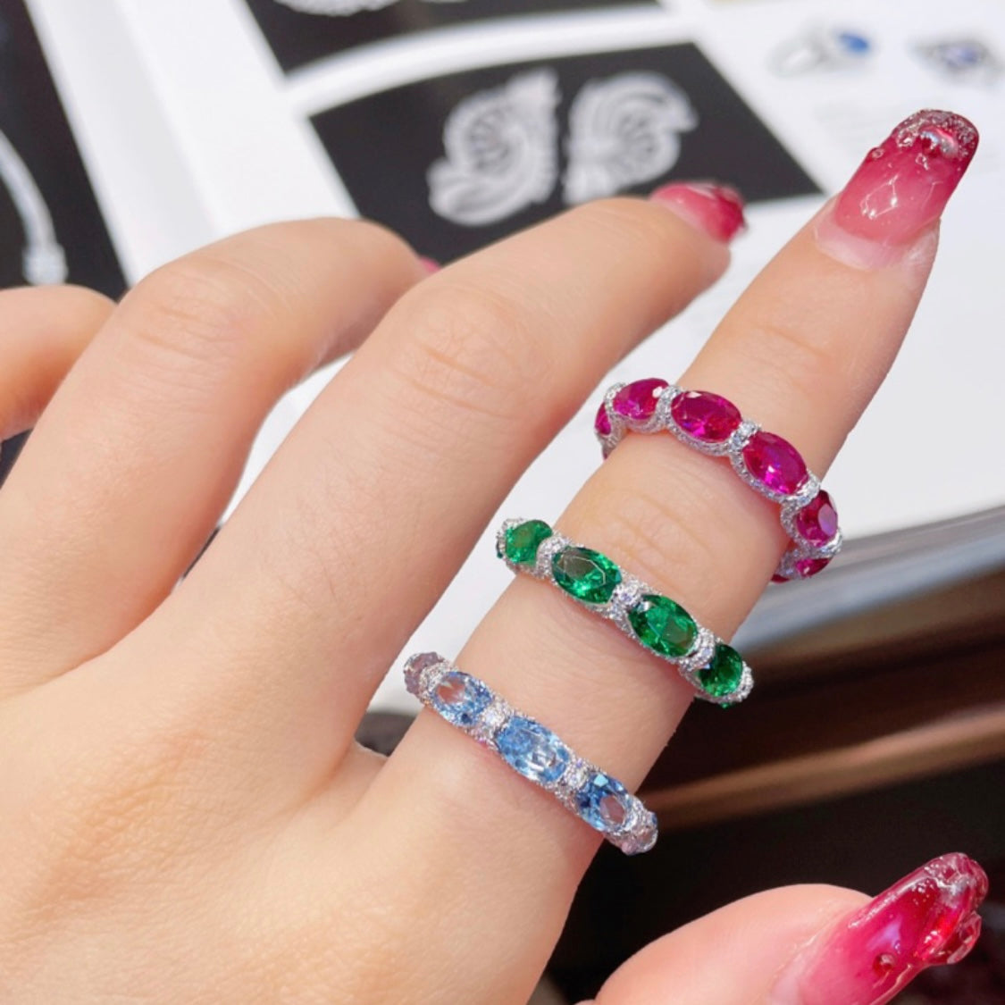 Emerald, Ruby or Aquamarine Eternity Band Ring