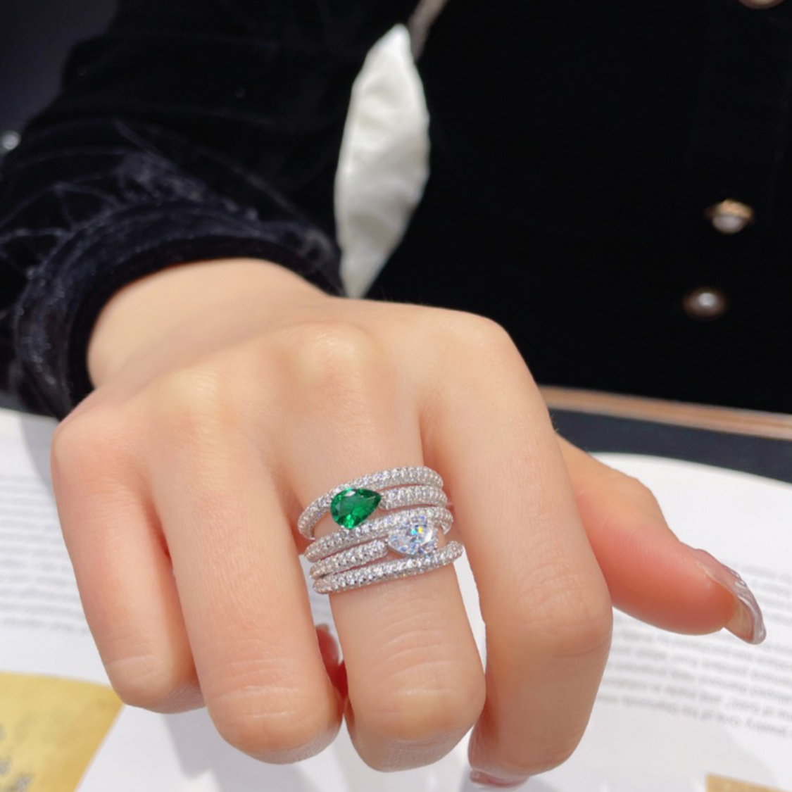 Emerald and Zircon Multi Layered Dress Ring