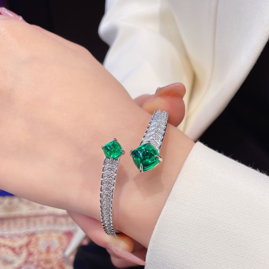 Emerald Cabochon & Pavé Zircon Cuff Bracelet