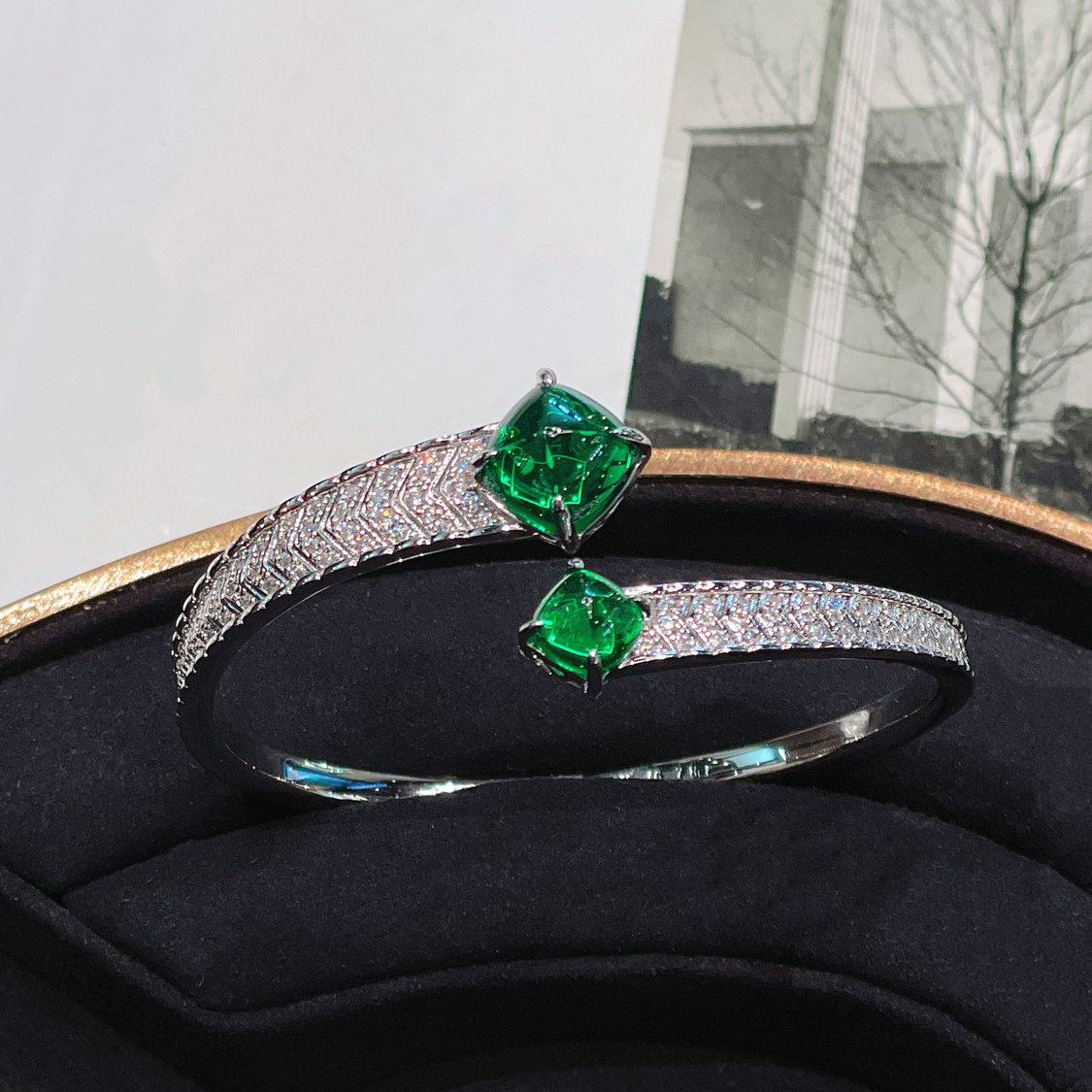 Emerald Cabochon & Pavé Zircon Cuff Bracelet