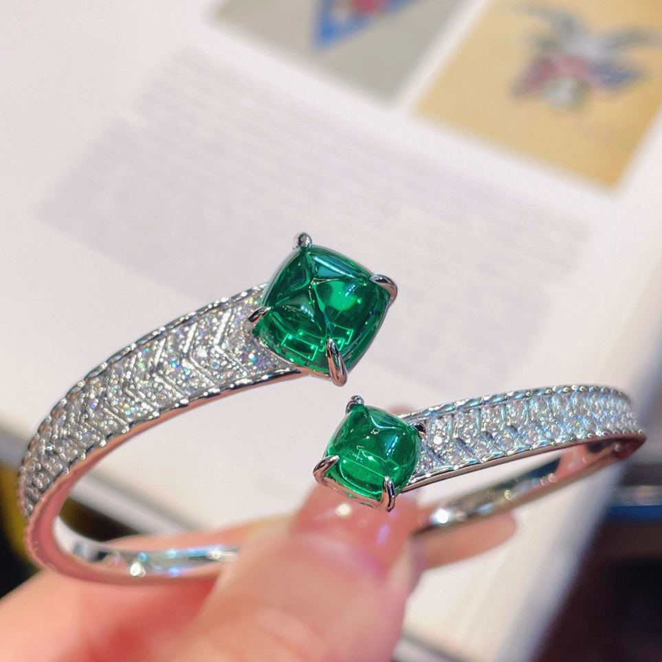 Emerald Cabochon & Pavé Zircon Cuff Bracelet