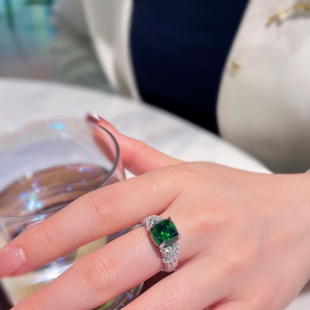 Emerald Cabochon & Pavé Zircon Ring