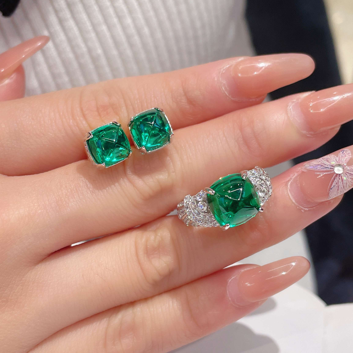 Emerald Cabochon & Pavé Zircon Ring