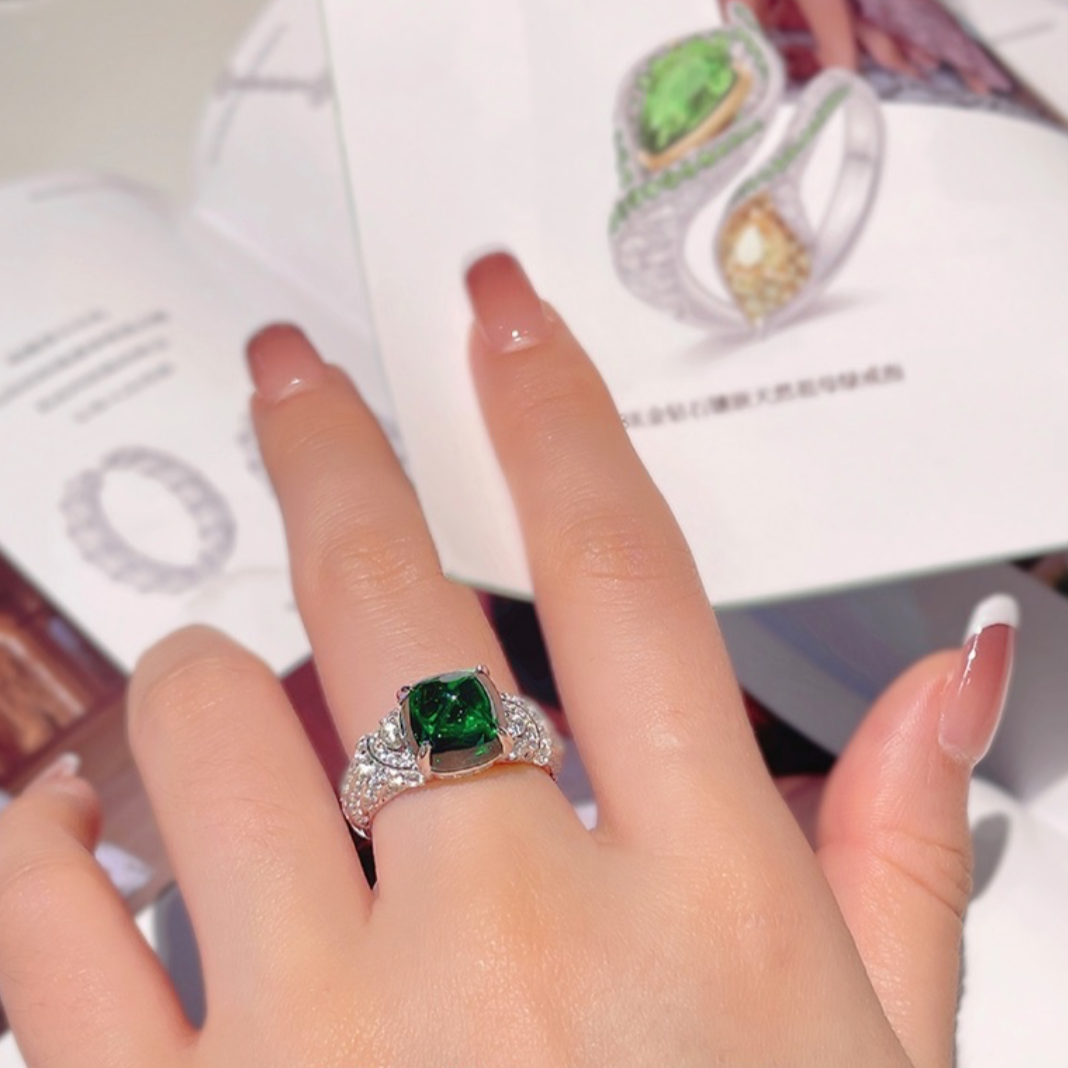 Emerald Cabochon & Pavé Zircon Ring