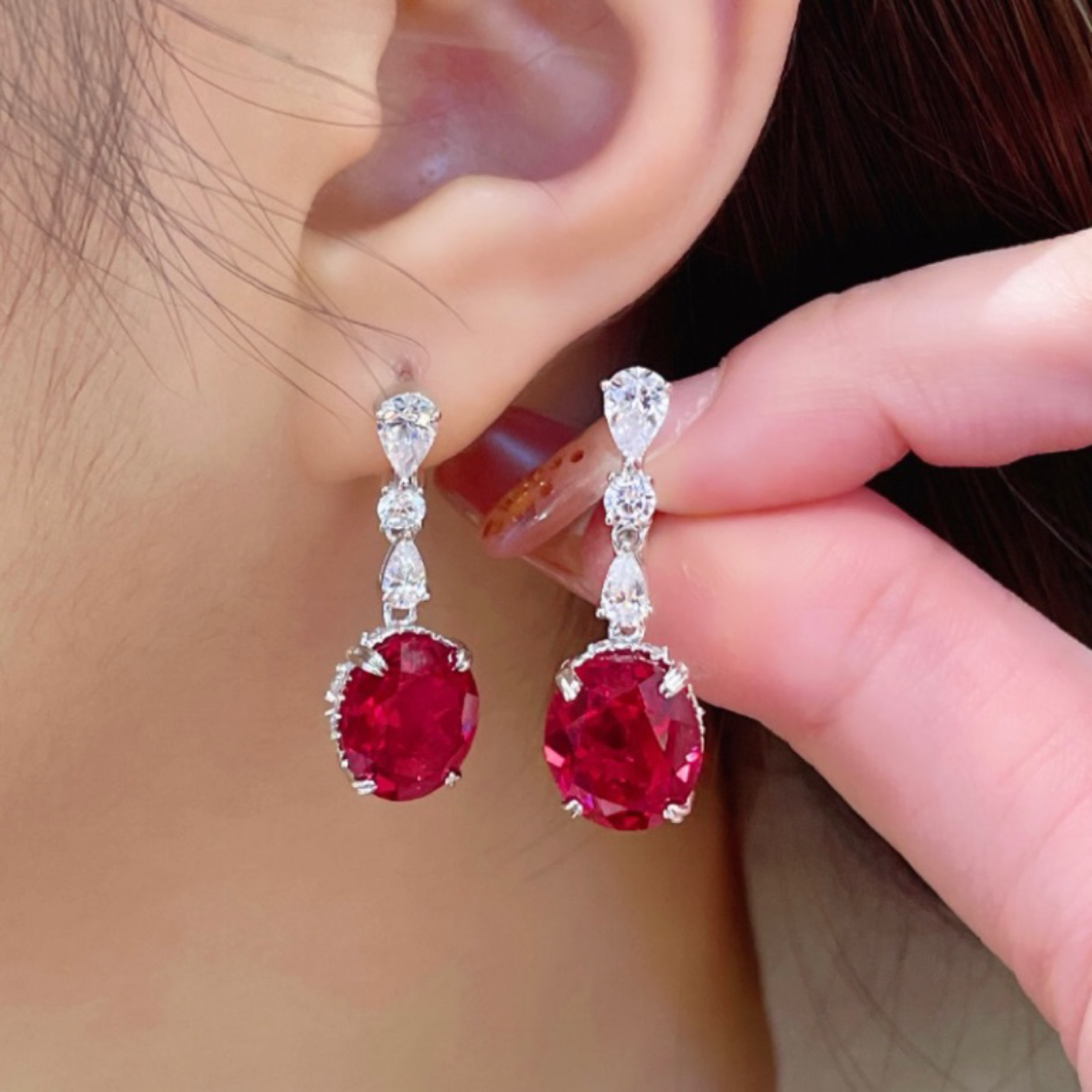 Eternity Oval Ruby Dangle Earrings