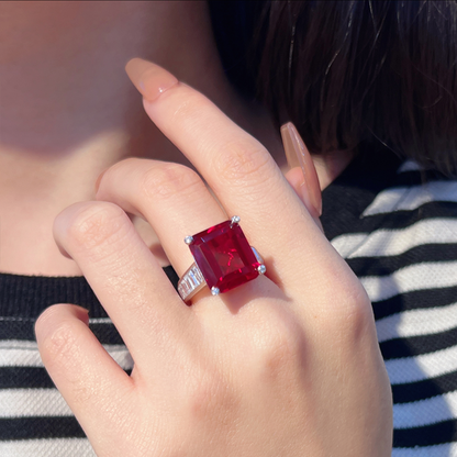 Oversized Emerald Cut Red Ruby Solitaire Ring