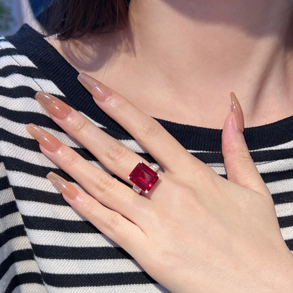 Oversized Emerald Cut Red Ruby Solitaire Ring