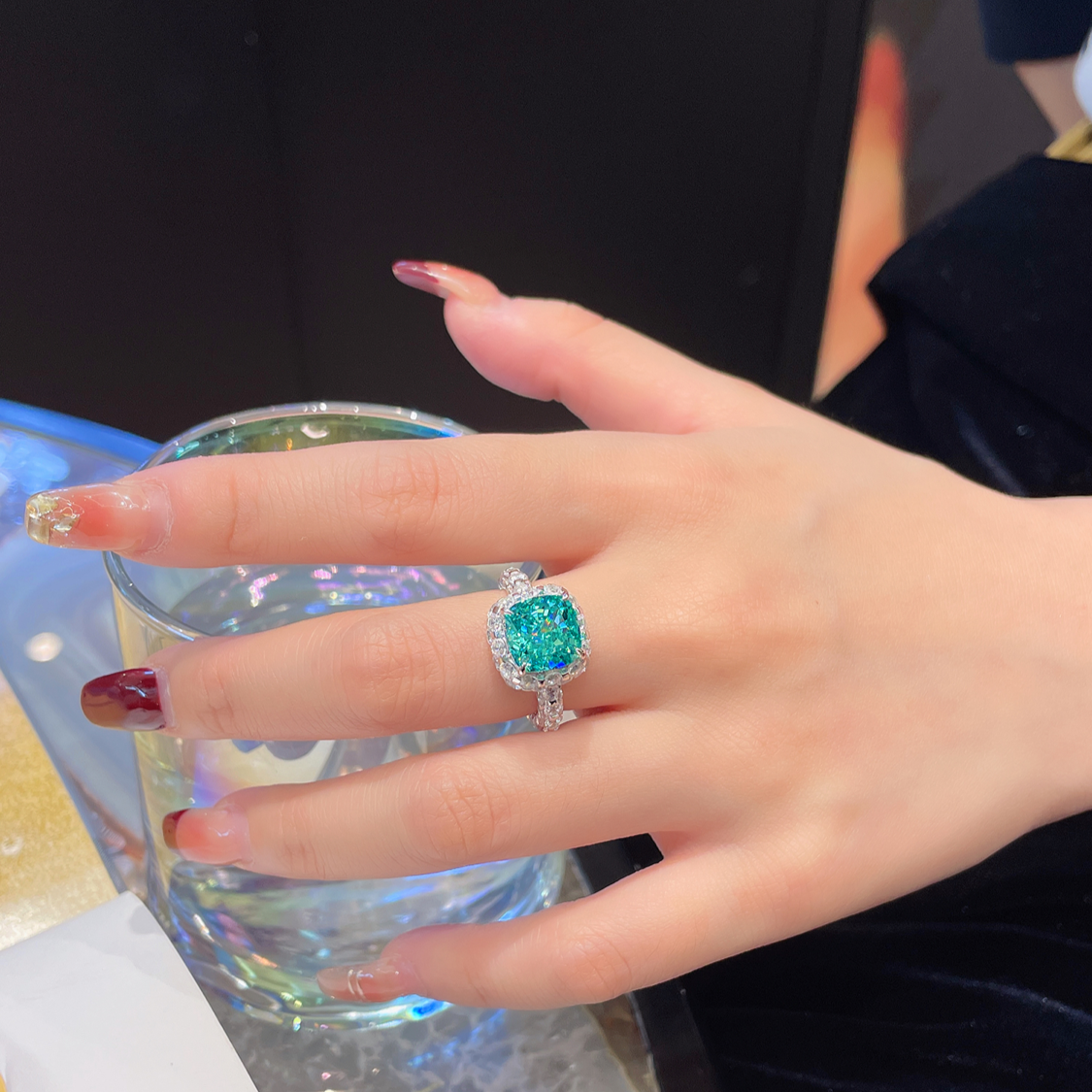 Cushion Cut Neon Blue Paraiba Cocktail Ring