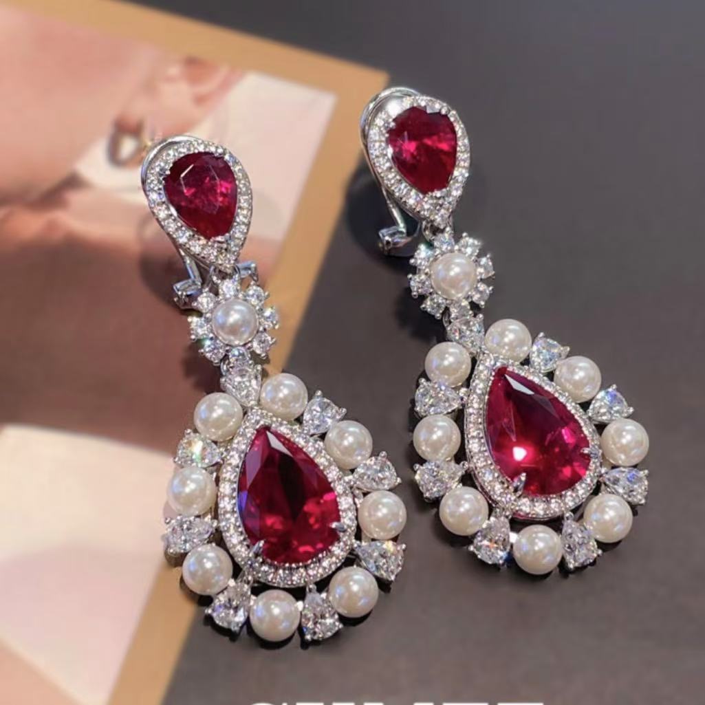 Ruby Pear Cut and Pearl Dangle Earrings