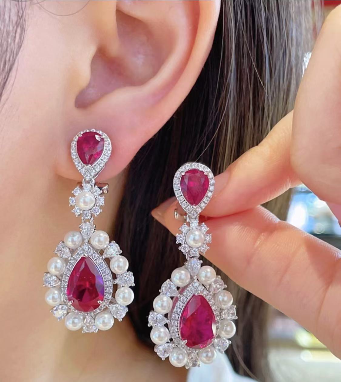 Ruby Pear Cut and Pearl Dangle Earrings