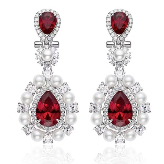 Ruby Pear Cut and Pearl Dangle Earrings