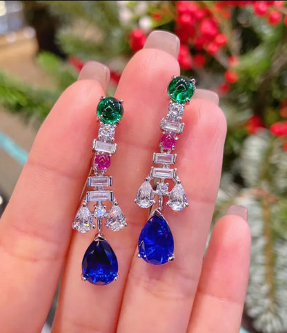 Sapphire, Emerald, and Diamonds Drop Earrings