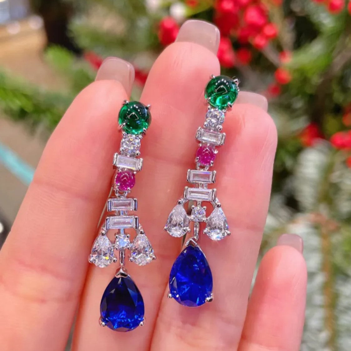 Sapphire, Emerald, and Diamonds Drop Earrings