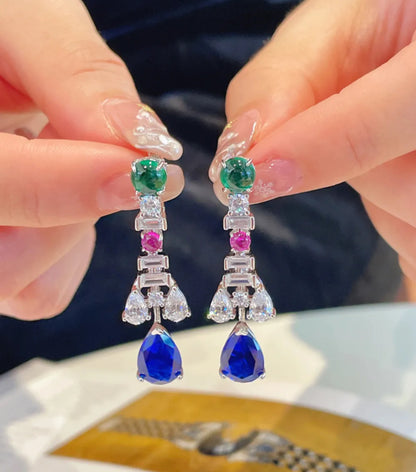 Sapphire, Emerald, and Diamonds Drop Earrings