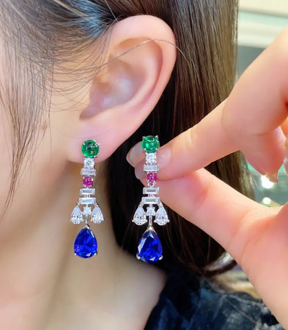 Sapphire, Emerald, and Diamonds Drop Earrings