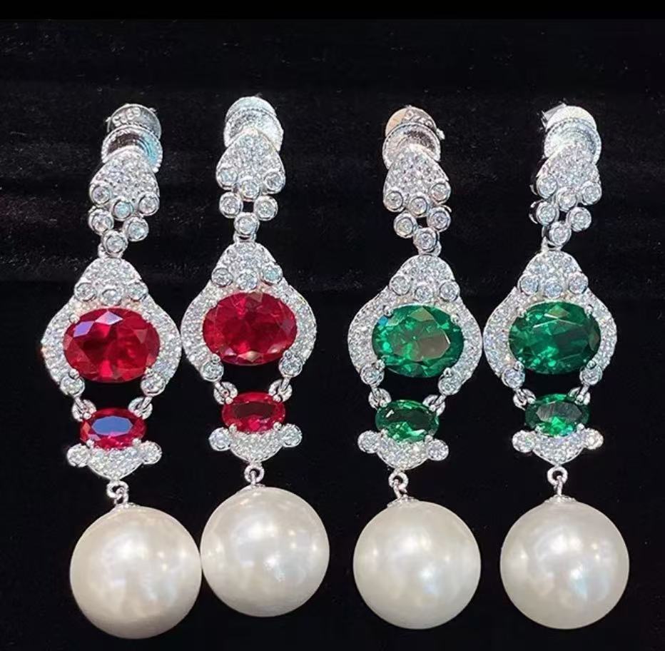 Ruby or Emerald Pearl Diamond Drop Earrings