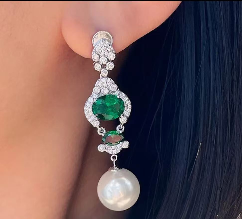 Ruby or Emerald Pearl Diamond Drop Earrings