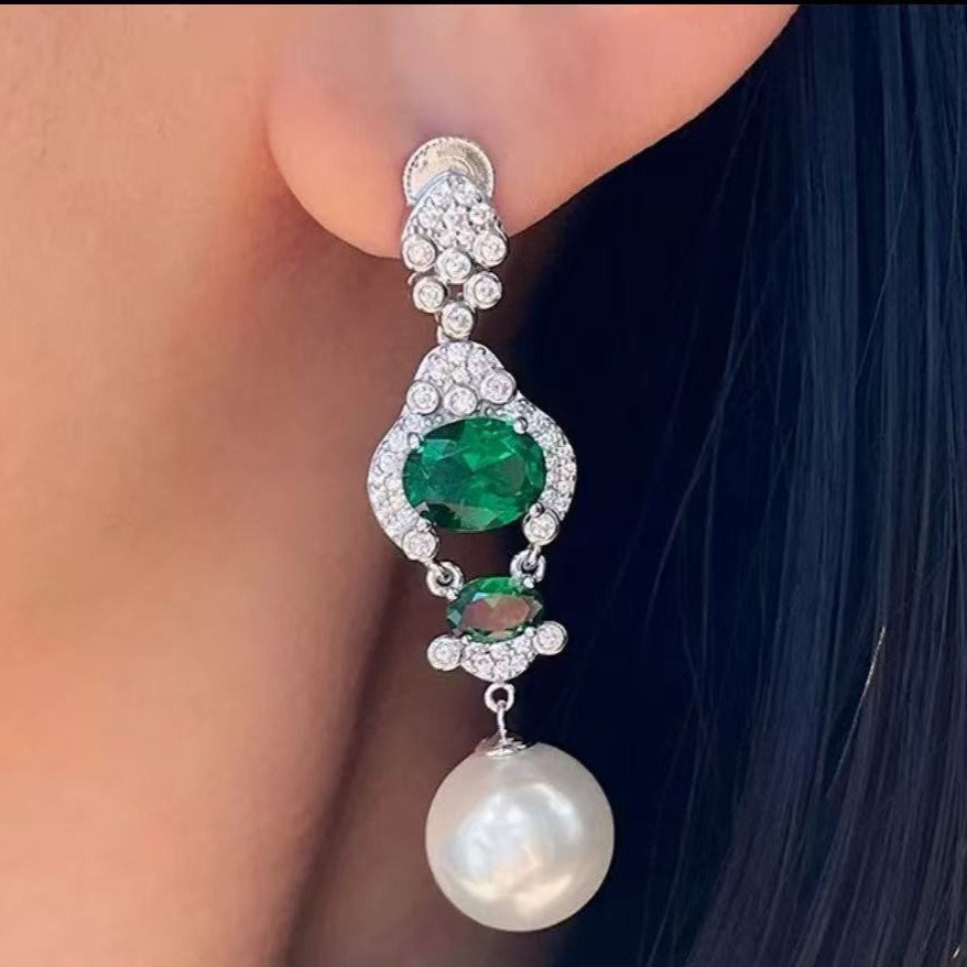 Ruby or Emerald Pearl Diamond Drop Earrings