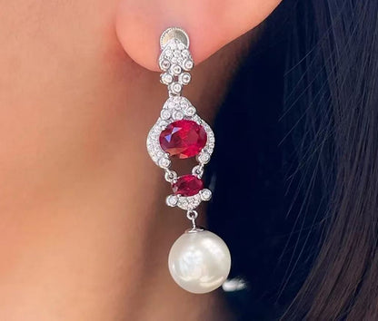 Ruby or Emerald Pearl Diamond Drop Earrings