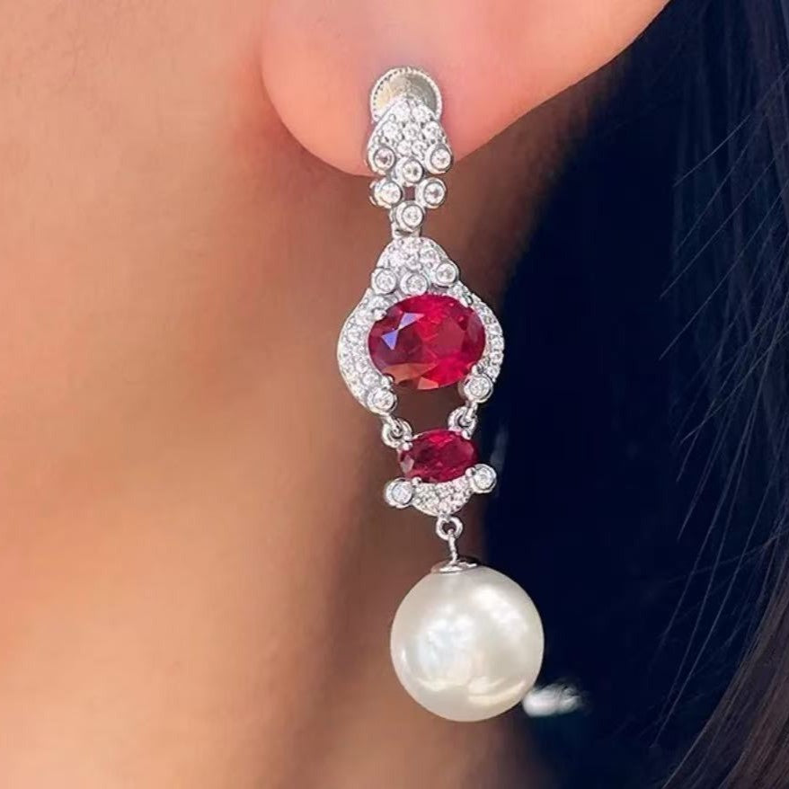 Ruby or Emerald Pearl Diamond Drop Earrings