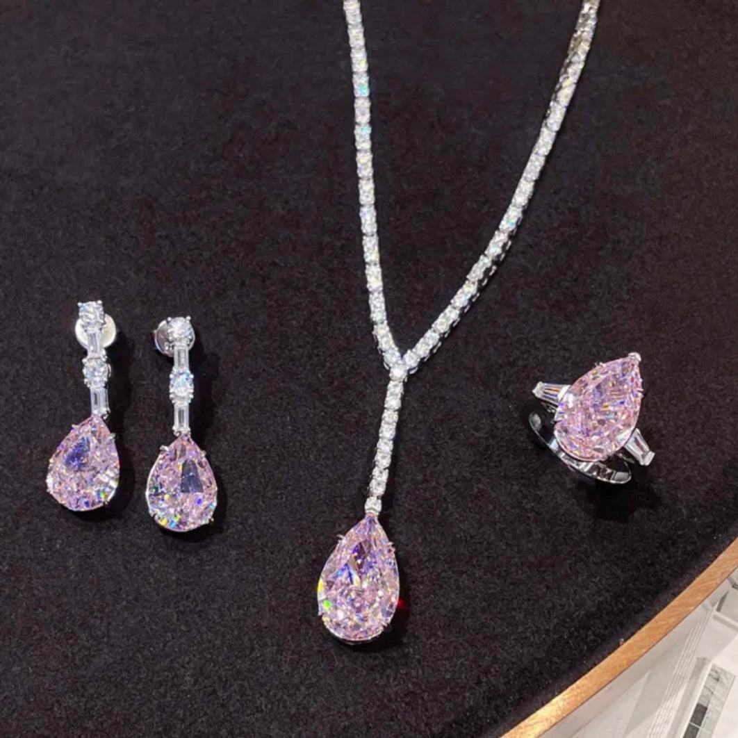 Pear Cut Pink Diamond Necklace, Ring and Earrings Set