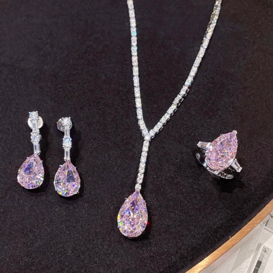 Pear Cut Pink Diamond Necklace, Ring and Earrings Set