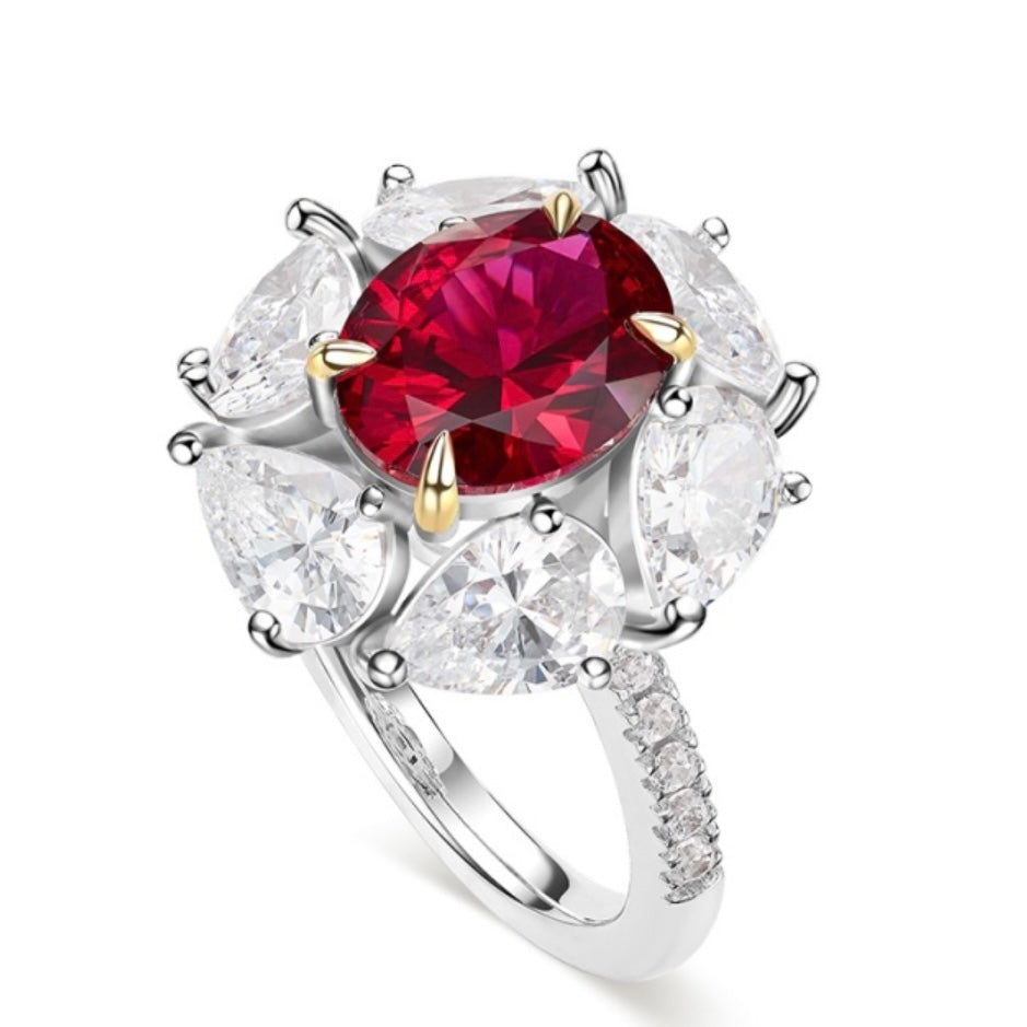 Oval Red Ruby and Marquise Diamonds Ring