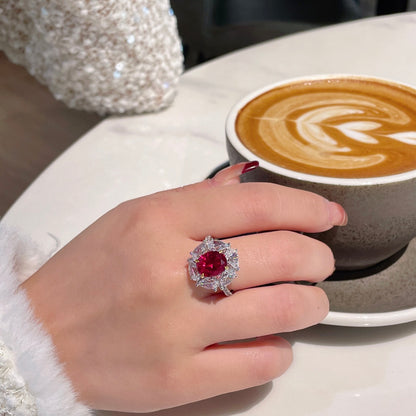 Oval Red Ruby and Marquise Diamonds Ring