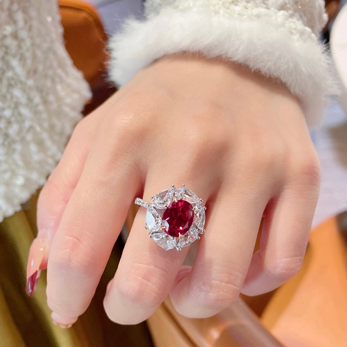 Oval Red Ruby and Marquise Diamonds Ring