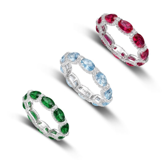 Emerald, Ruby or Aquamarine and Diamond Eternity Band Ring