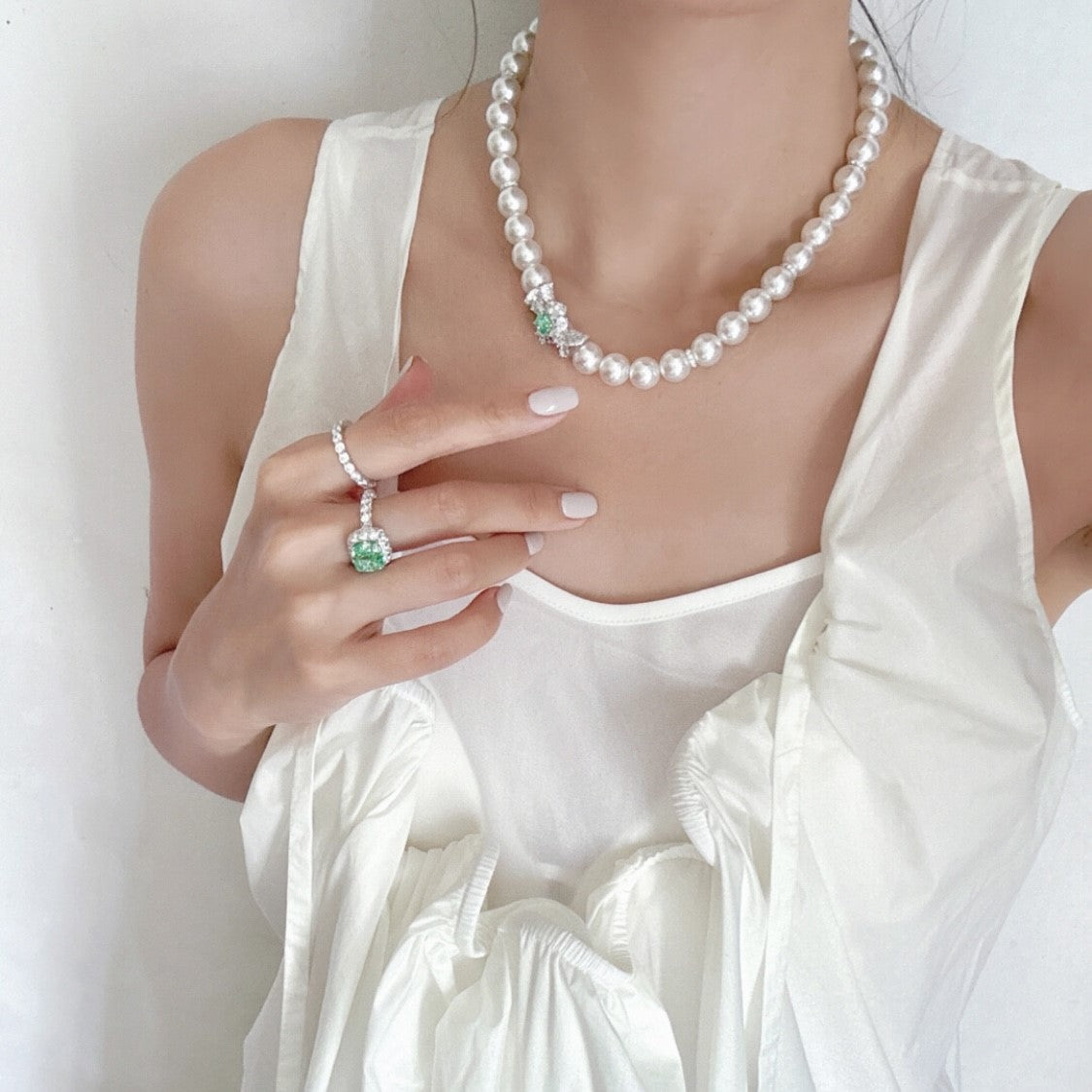 Pearl Necklace with Paraiba and Diamonds