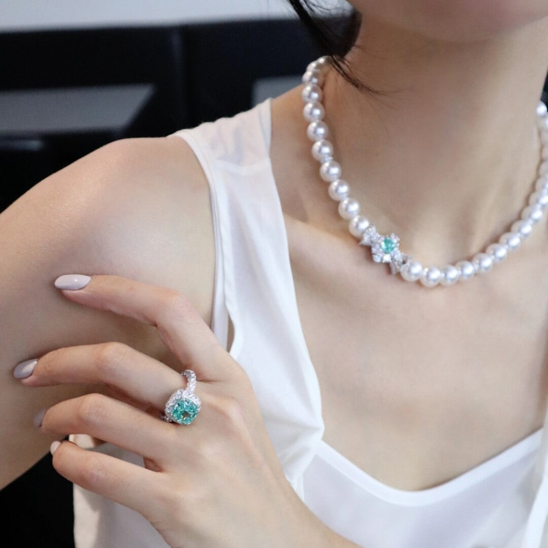 Pearl Necklace with Paraiba and Diamonds