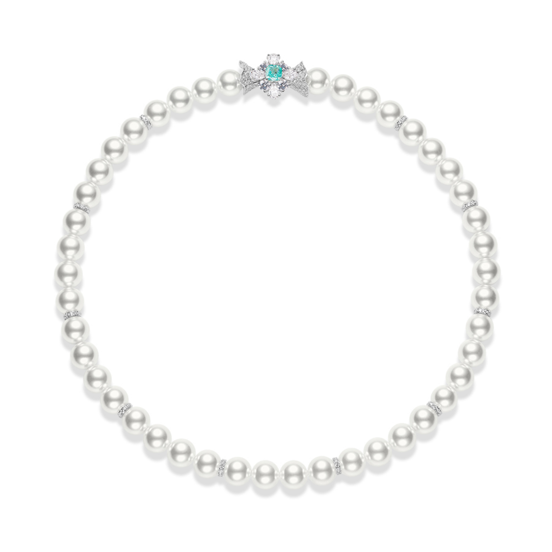 Pearl Necklace with Paraiba and Diamonds