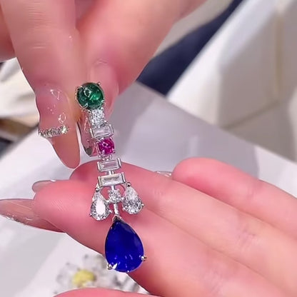 Sapphire, Emerald, and Diamonds Drop Earrings