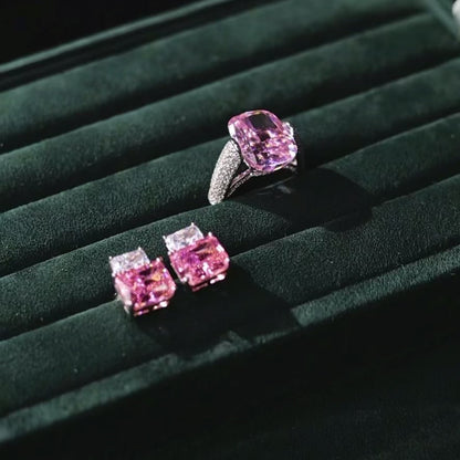 Radiant Pink Diamond Ring and Earrings Set