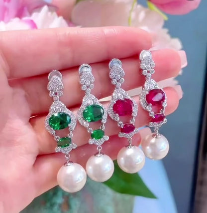 Ruby or Emerald Pearl Diamond Drop Earrings