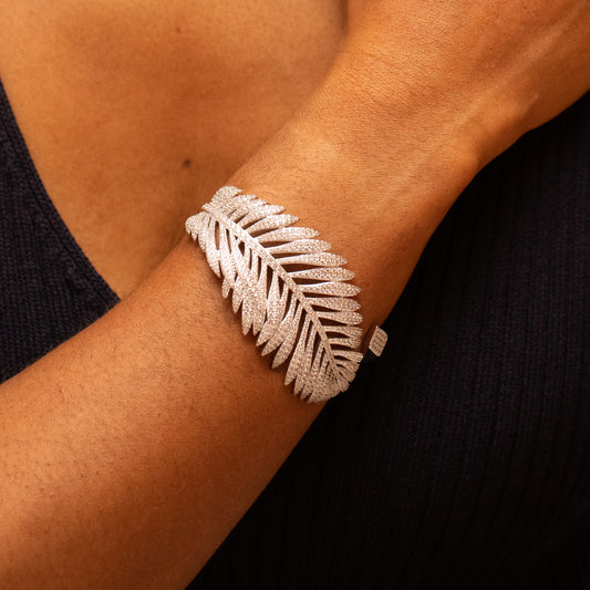 White Diamond Palm Leaf Cuff Bracelet